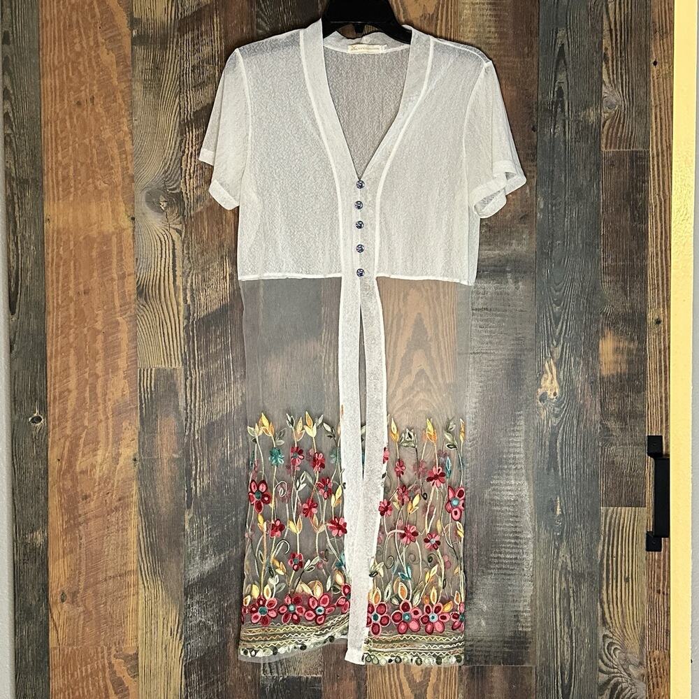 Ye’s Fashion Women’s Dress Kaftan Sheer Embroidery Button Medium Multicolor